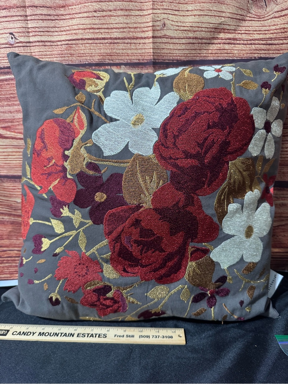 Embroidered Floral Accent Pillow in Gray and Burgundy by Storehouse 18x18